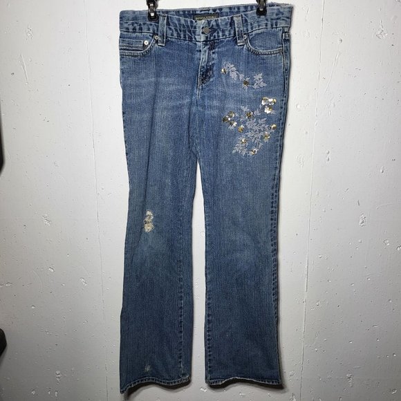 Banana Republic Womens Sequin Beaded Floral Embroidered Denim Blue Jeans Size 10 - Picture 1 of 11